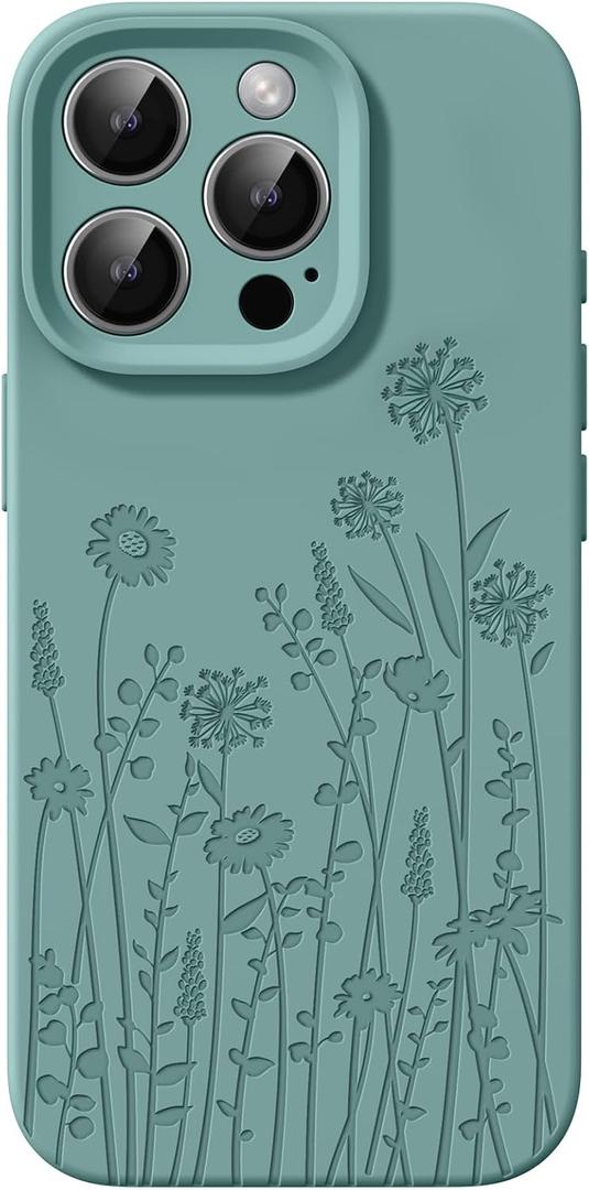Liquid Silicone Case for iPhone 16 Pro Compatible with Magsafe, Fall Engraved Floral Design Shock Proof Heavy-Duty Protection Hard Phone Case for Women Girls, Midnight Green