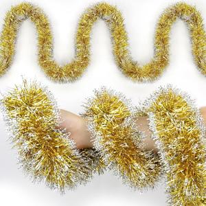 50FT Christmas Tinsel Garland Gold Metallic Twist Xmas Frosted Tip Hanging Garland for Christmas Tree Decoration Indoor Outdoor Home Holiday Party Decor