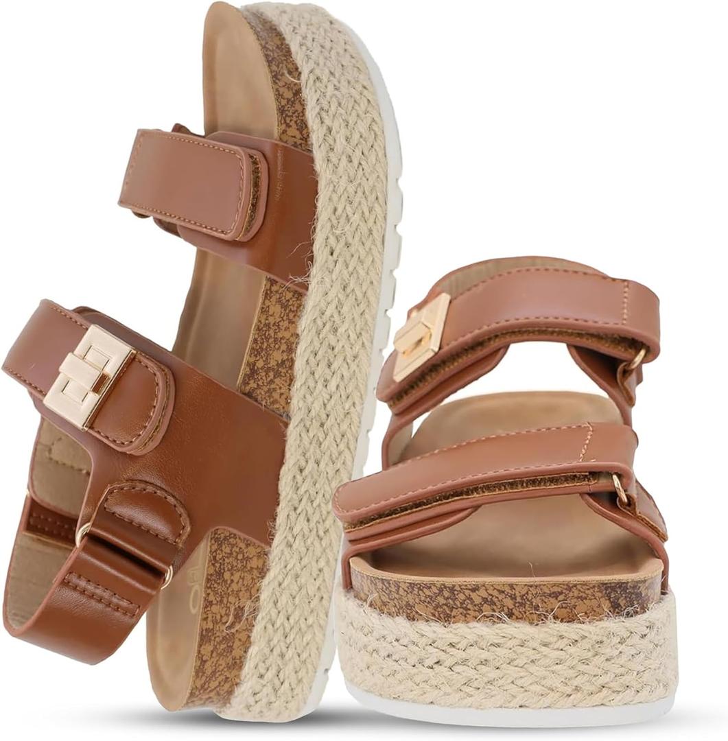 YOKI TRIBECA-Y Platform Girls Sandals With Double Strap And Gold Buckle - Lightweight Toddler Sandals - Cushioned Footbed Sandal (4 Big Kid, Rust)