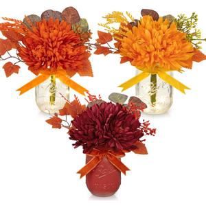 Fall Mason Jars Centerpieces with Lights for Table, Fake Mums Artificial Flowers Floral Arrangements for Autumn Decor, Faux Mums in Mason Jars Fall Decorations for Home, Harvest, Thanksgiving Decor