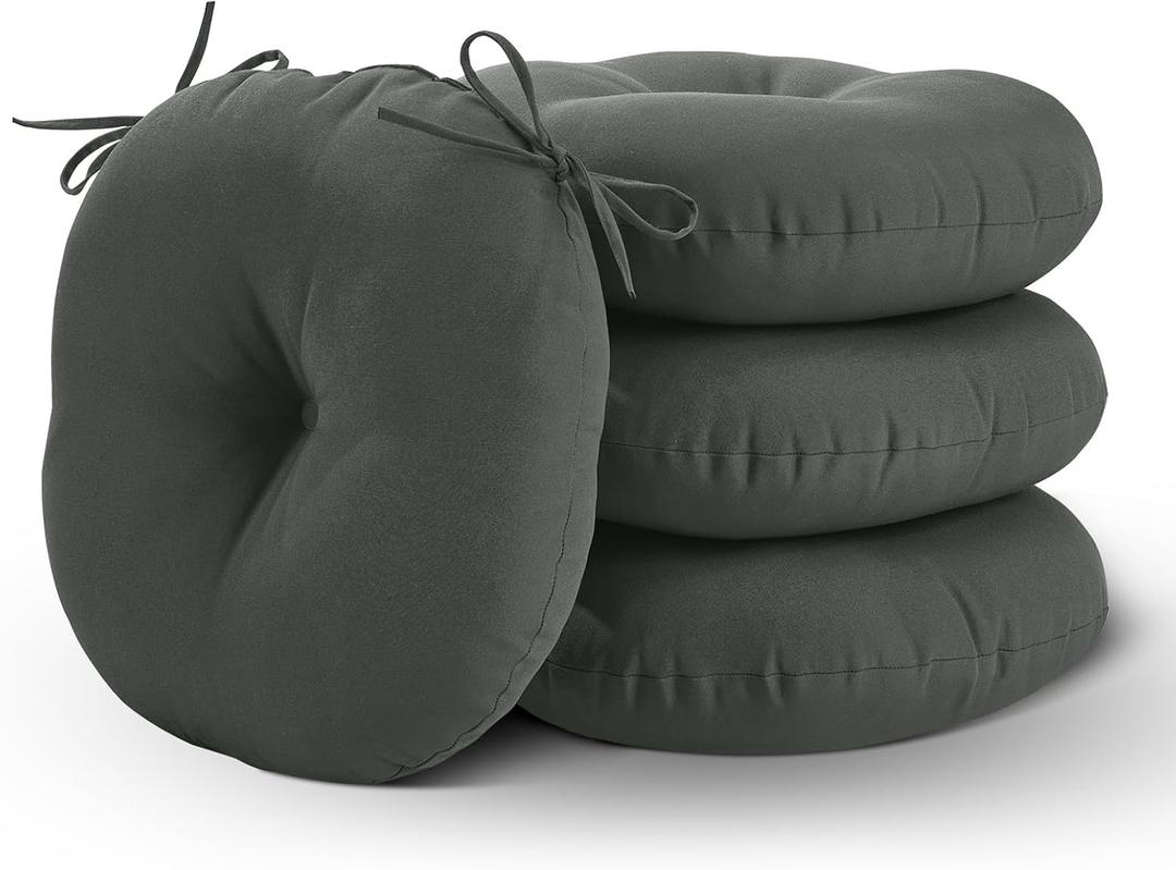 Round Outdoor Chair Cushions Set of 4, Tufted Bistro Chair Cushions with Ties, Thickened Round Seat Cushion for Patio Furniture, 15x15 Inch, Dark Grey