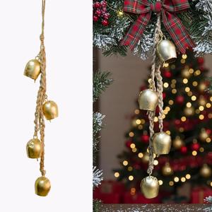 Christmas Hanging Large Cow Bells - Rustic Golden Metal Bells for Farmhouse, Garden & Holiday Décor (Medium Rope (Set 4)