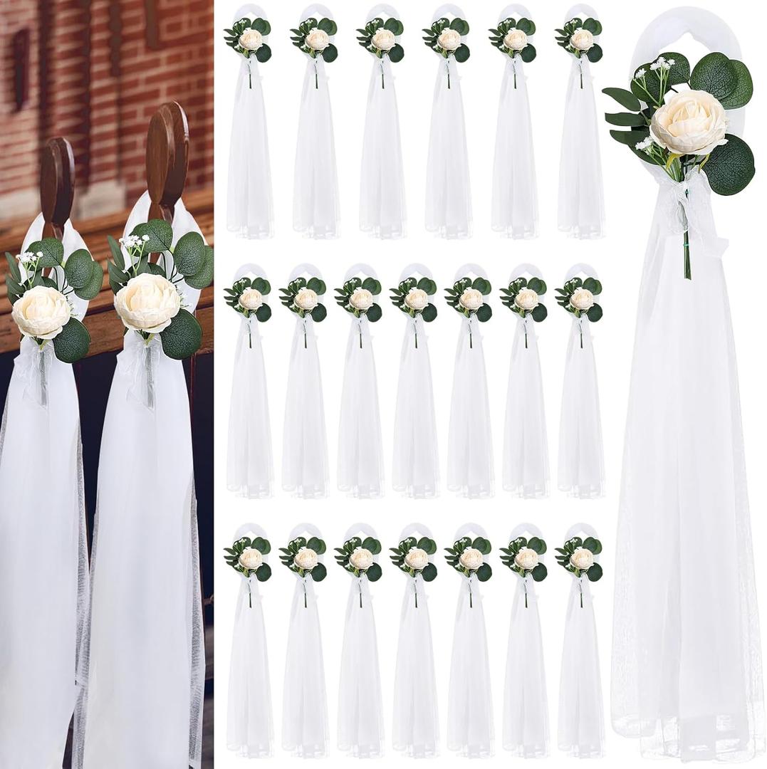 20 Sets Wedding Aisle Decorations, 39.4 Inches Artificial Silk Rose Flowers with Long Tulle Tails for Church Pew Chair Bench, Ceremony Reception Party Bridal Shower Arrangements - Champagne