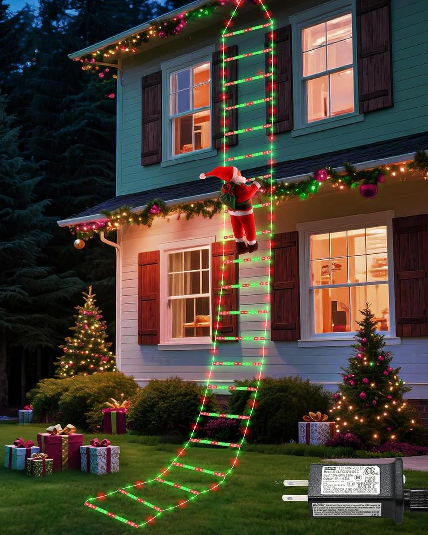 338 LED Christmas Lights Outdoor Indoor Decorations 10FT Christmas Decorative Ladder Lights with Santa Claus 8 Modes Waterproof Christmas Tree Lights for Yard Roof Wall Halloween Decor, Red&Green