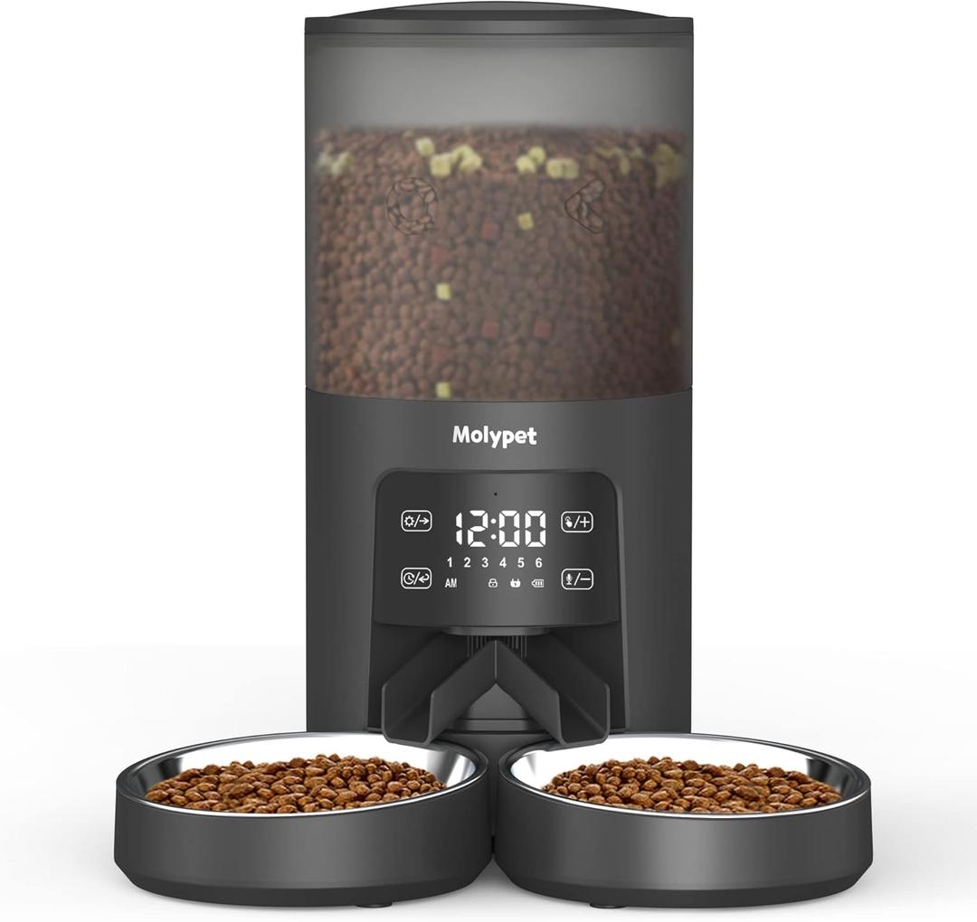 Automatic Cat Feeders - 6L Cat Food Dispenser with Double Bowls, Programmable Timed Feeder for Up to 6 Meals per Day with 10S Voice Recorder, Supports Dual Power Supply (Black)