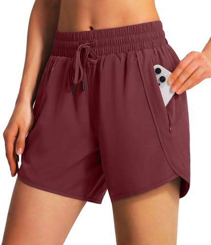 Ksmien Women's 5"/ 7" Athletic Running Shorts Quick Dry Lightweight Workout Gym Shorts with Zipper Pockets UPF 50+ Wine Red