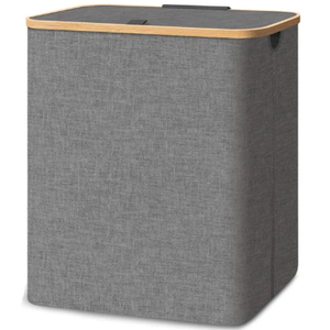 LONBET Laundry Basket with Lid, Made from Breathable Fabric | Aesthetic Clothes Hampers for Laundry with Side Handles & Sturdy Bamboo Frame (26 Gallons - Single, Grey)