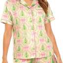 ASTANFY Silk Satin Pajama Set Womens Silk Satin 2 Piece Pjs Shorts Sleepwear Christmas Button Down Shirt Bride Pj Lounge Sets (L)