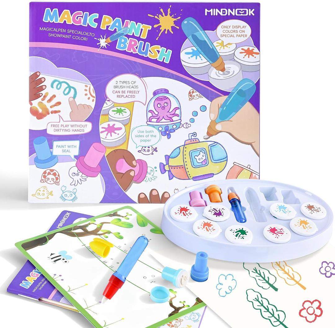 MINDNOOK Magic Brush Painting Set for Kids, Mess Free Art Station with Color-Changing Brush for Creative Learning at Home & School, Gift for Toddlers Ages 3,4,5,6,7,8,9, Medium
