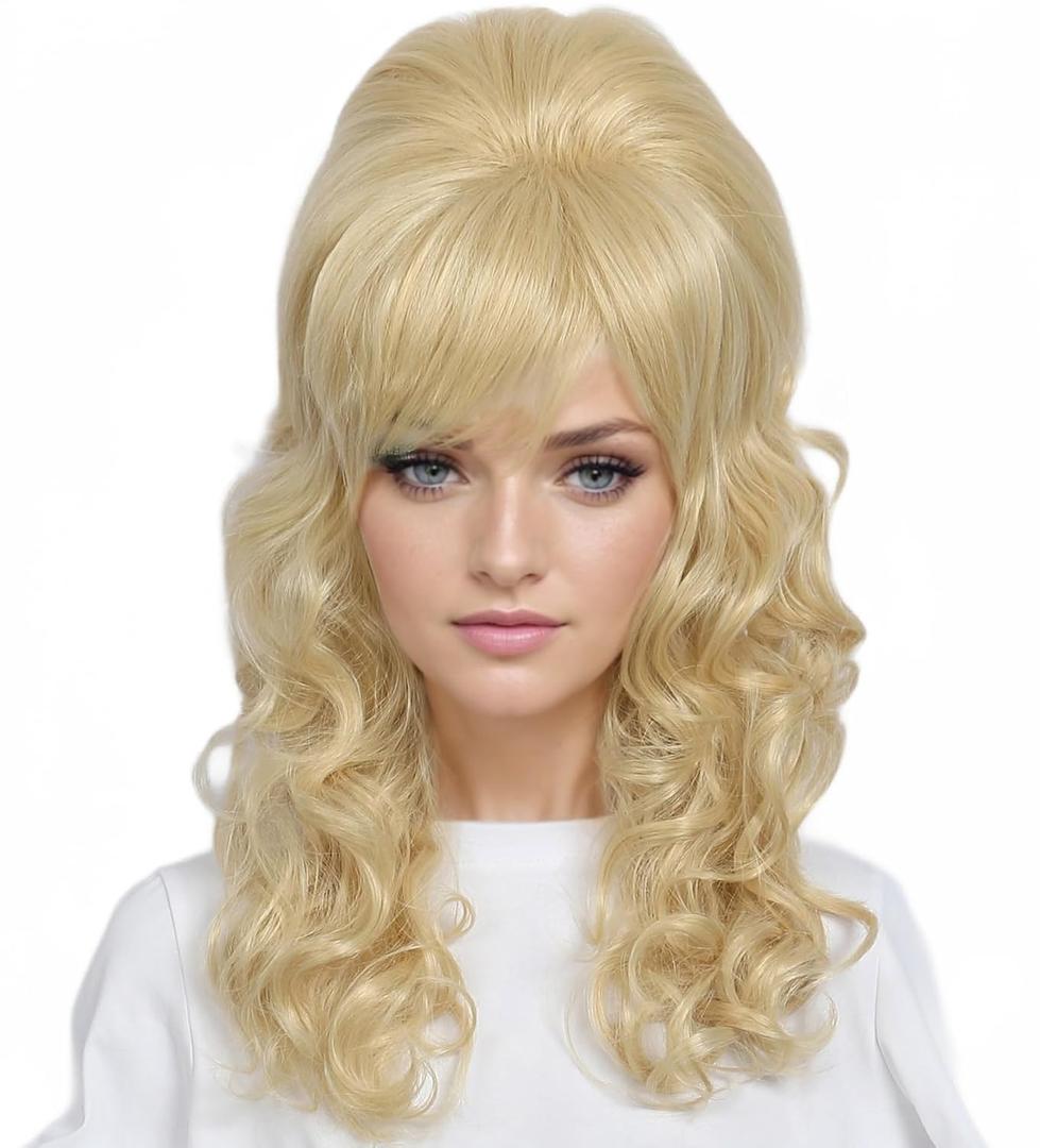 Linfairy Long Wavy Blonde Mixed Wig Big Bouffant Beehive Wigs for Women fits 50s 80s Costume