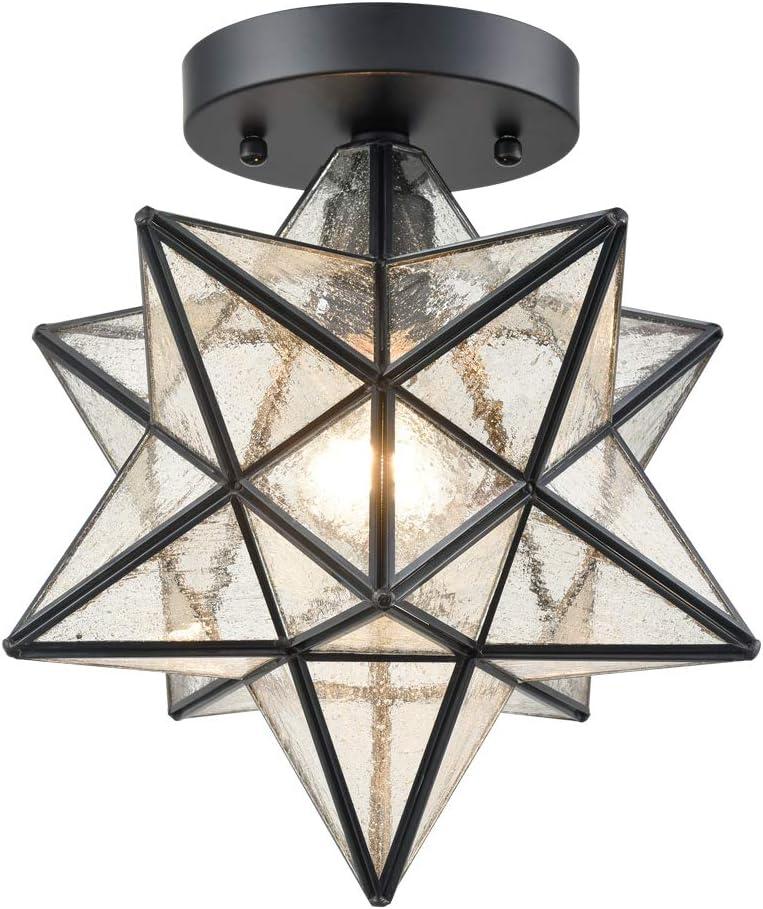 Moravian Star Light Flush Mount Ceiling Light with Seeded Glass Shade Black for Living Room Bedroom Bathroom Hallway, Seeded Glass 12in