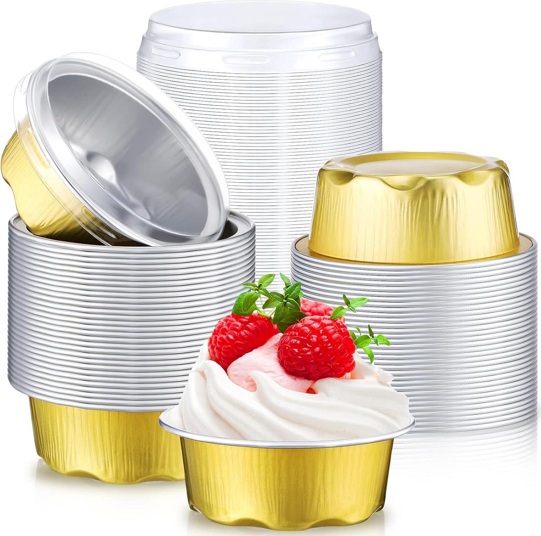 Eaasty 150 Count Baking Cups with Lids, 1.6 oz Muffin Cupcake Liners Aluminum Foil Mini Cake Pans Small Disposable Ramekins Flan Containers with Lids for Christmas, Birthday, Various Holiday(Gold)