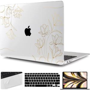 TWOLSKOO for 2021 2020 2019 2018 MacBook Air 13 inch Case A2337 M1 A2179 A1932, Hard Shell Case with Keyboard Skin & Screen Protector for MacBook Air 13.3 inch with Retina & Touch ID, Gold Florals