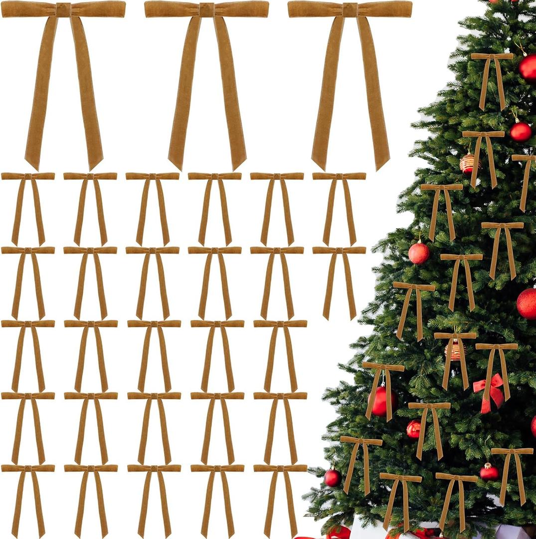 2 x 30 Pcs Christmas Velvet Wreath Bows, 5 x 7 Inch Vintage Velvet Ribbon Rustic Crafts Gift Bows for Indoor Outdoor Wreaths Garland Holiday Xmas Tree Wrapping Crafts (Khaki, Width of 5/8")