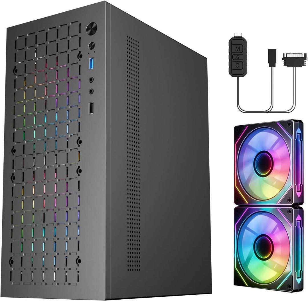 Mini-ITX PC Case with 2x120mm ARGB Fans, High Airflow ITX Case, ATX PSU Support, USB 3.0 Port, Small Form Factor ITX Computer Case
