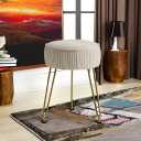 IBUYKE Velvet Round Footrest Stool Ottoman, Makeup Vanity Stool Side Table, Velvet Dressing Table Seat, Pouf Couch Stool, Golden Steel Legs, Creamy-White LG-30M