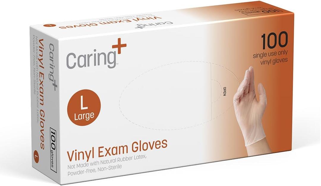 Caring Vinyl Exam Gloves Powder Free and Not Made with Natural Rubber Latex, Gloves for Medical Use, First Aid, Food Prep (Translucent White)