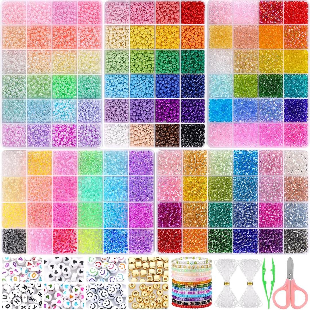 Funtopia 13000pcs 4mm Seed Beads for Jewelry Making, 5 Types 120 Colors Small Glass Beads for Bracelets, Friendship Bracelet Kit with Alphabet Letter Beads, Smile Face Beads for DIY, Art and Craft