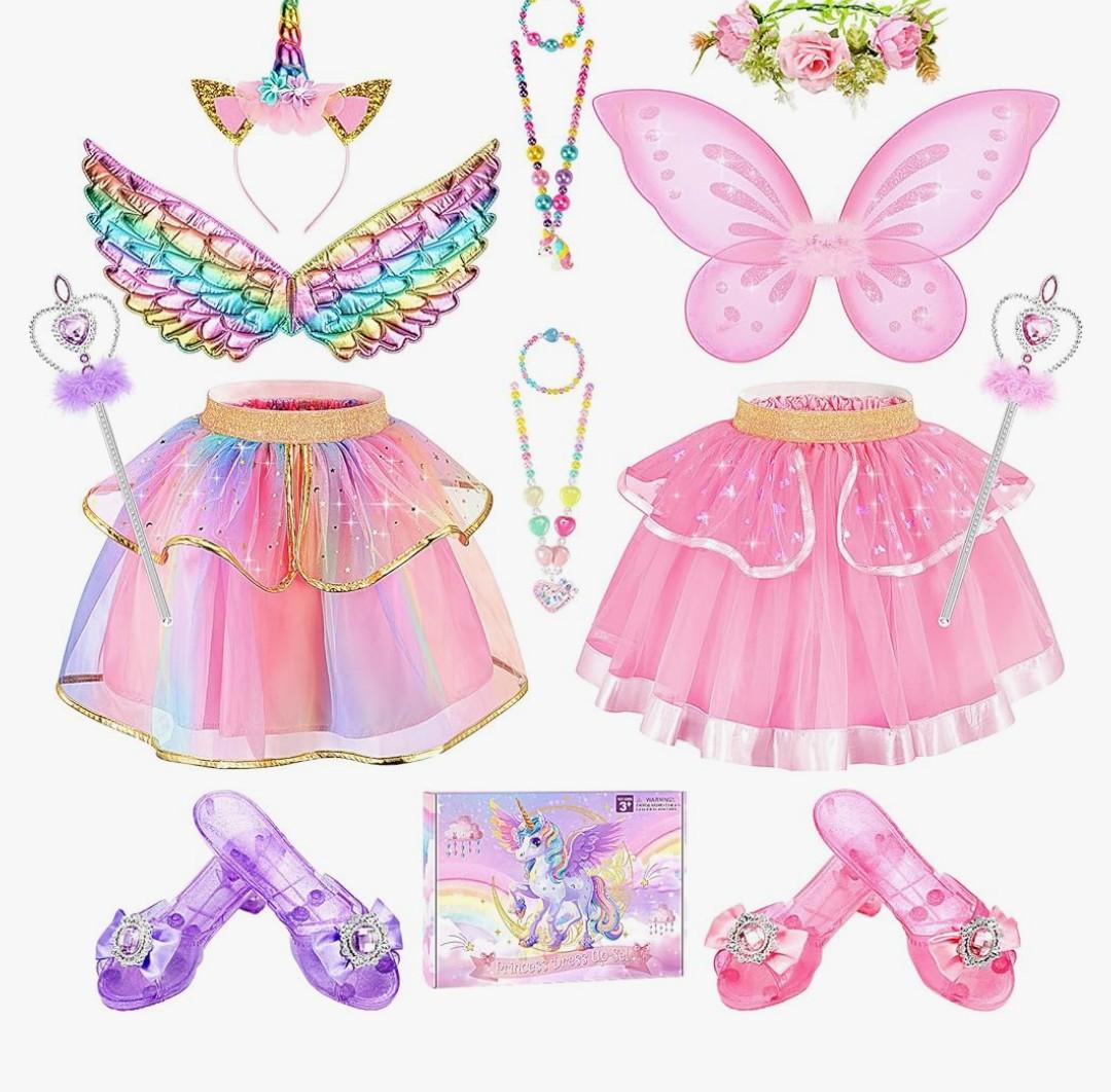 Princess Dress Up Fairy & Unicorn Costume for Girls 4-6, Toddler Dress with Tutu, Wings, Shoes, Jewelry, Headband Fairy Unicorn Toys for Girls Christmas Halloween Birthday Gift Toys