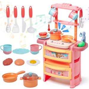 Prextex Plastic Pretend Girls Play Kitchen Set - Multi-Color Kitchen Playset with Dishwasher and Oven - Stove with Lights and Sounds - Working Faucet with Water Circulation