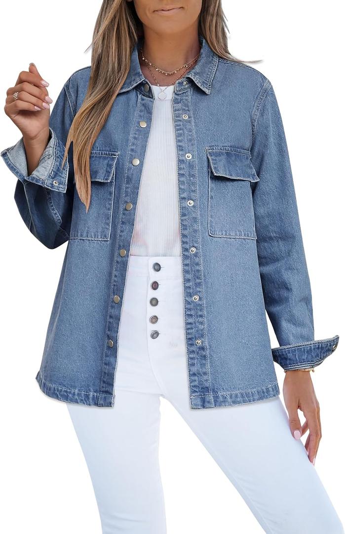 luvamia Jean Jackets for Women 2026 Fall Fashion Oversized Button Down Denim Jacket Western Shacket Jacket with Pockets (XXL)