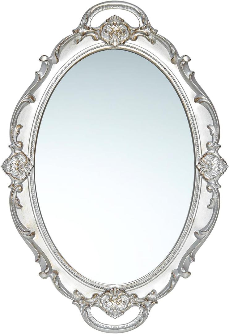 LONGWIN Vintage Oval Mirror for Wall Decor, Ornate Hanging Small Mirrors for Living Room/Bedroom, Perfume/Vanity Tray 10 x 14.5 Inch Silver