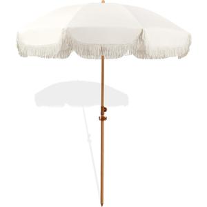6.5ft Patio Umbrella with Fringe, Beach Umbrella, Fringe Umbrella Outdoor Patio with Hanging Hook, Tilting Aluminum Pole, UV 50+, Fiberglass Ribs, Elegant Cream