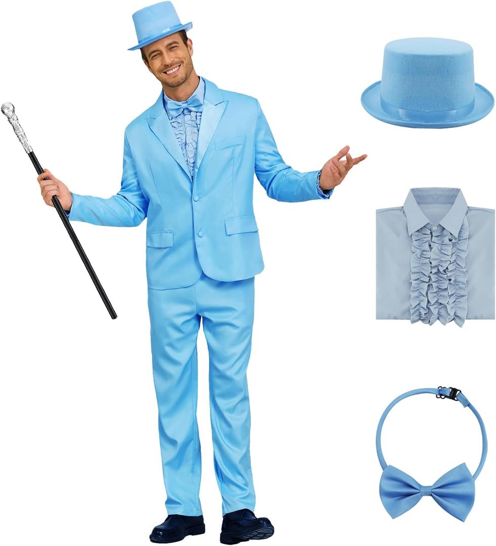 Harry and Lloyd Tuxedos Mens Fun Suit Dumber Orange Suit Dumb Blue Blazer Top Hat Bow Tie Halloween Cosplay Costume