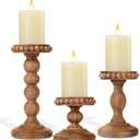 Mumufy 3 Pcs Candle Holders for Pillar Candles Rustic Farmhouse Home Decor Decorative Washed Beaded White Black Wood Candle Holder Country Style for Table Mantel Fireplace Wedding(Pine Brown,Small)
