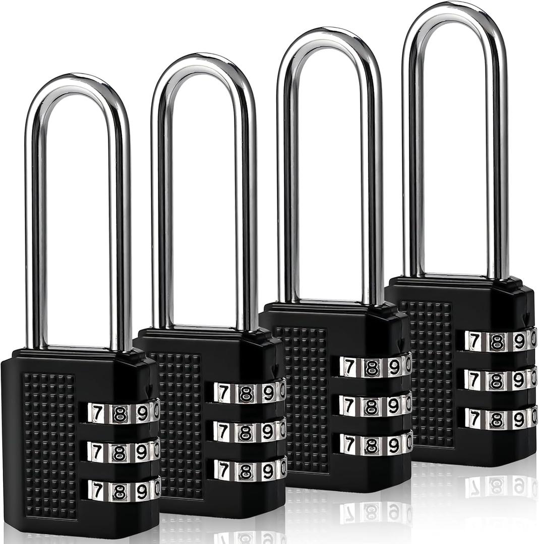 Faburo 4 Pack 2.2 in Long Shackle Small Combination Locker Lock, Padlock Combination with 3 Digit Codes, Resettable Luggage Locks, Combo Gym Locker Suitcase Gate Pad Lock (Black)
