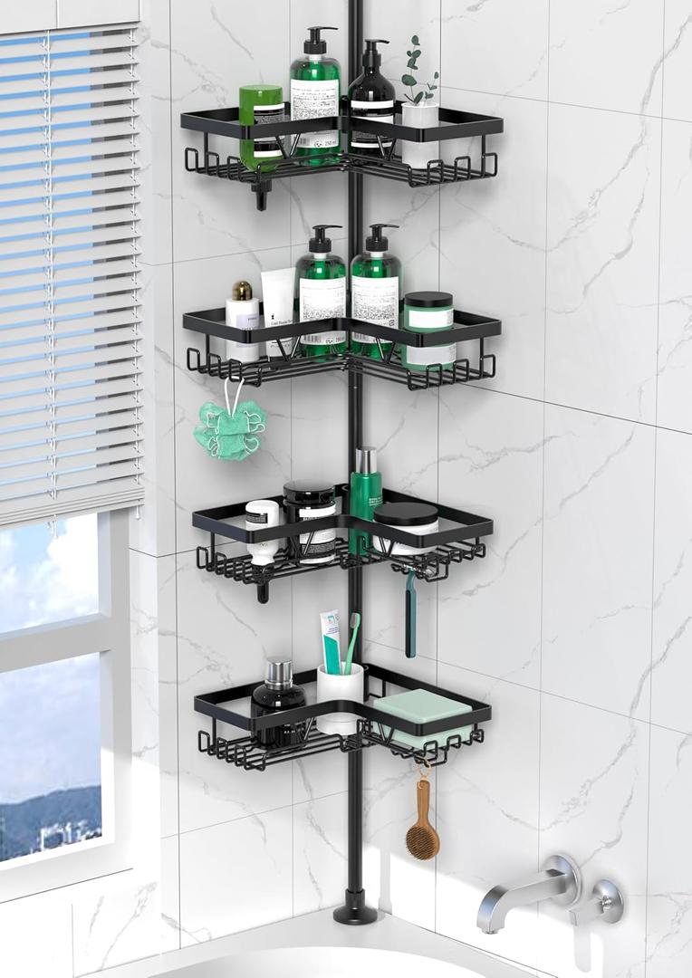 DAOYA Corner Shower Caddy Tension Pole - 4 Tier Stainless Steel Rustproof Shower Corner Caddy for Bathtub Bathroom Shower Organizer Shelves Adjustable Pole 25-114.2 Inch Black