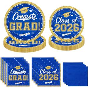 Graduation Plates and Napkins 2026,200pcs Blue and Gold Graduation Decorations 2026 Disposable Congrats Grad Paper Plates for Class Of 2026 Party Supplies,Serve 50