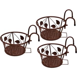 Iron Art Metal Railing Flower Pot Hanging Basket for Indoor Pot Holder Hanger 3 Pack Outdoor Plants Perfect for Porches and Patio Decor Leaf Pattern (Champagne)