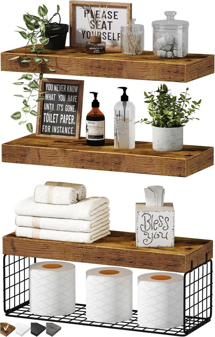 QEEIG Bathroom Shelves Over Toilet - Wall Mounted Floating Shelves Toilet Paper Storage Small Farmhouse Decor Shelf 16 inch Set of 3, Rustic Brown (019-BN3)