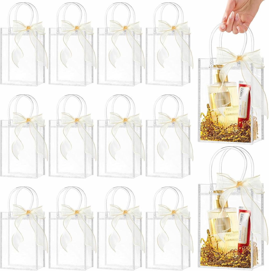 Ohuimrt 50 PCS Clear Plastic Gift Bags with Handles, 4.9 x 7.5 x 3.15 Inches Reusable Party Favor Bags with Ribbon Transparent Gift Wrap Bags Bulk for Weddings Birthdays