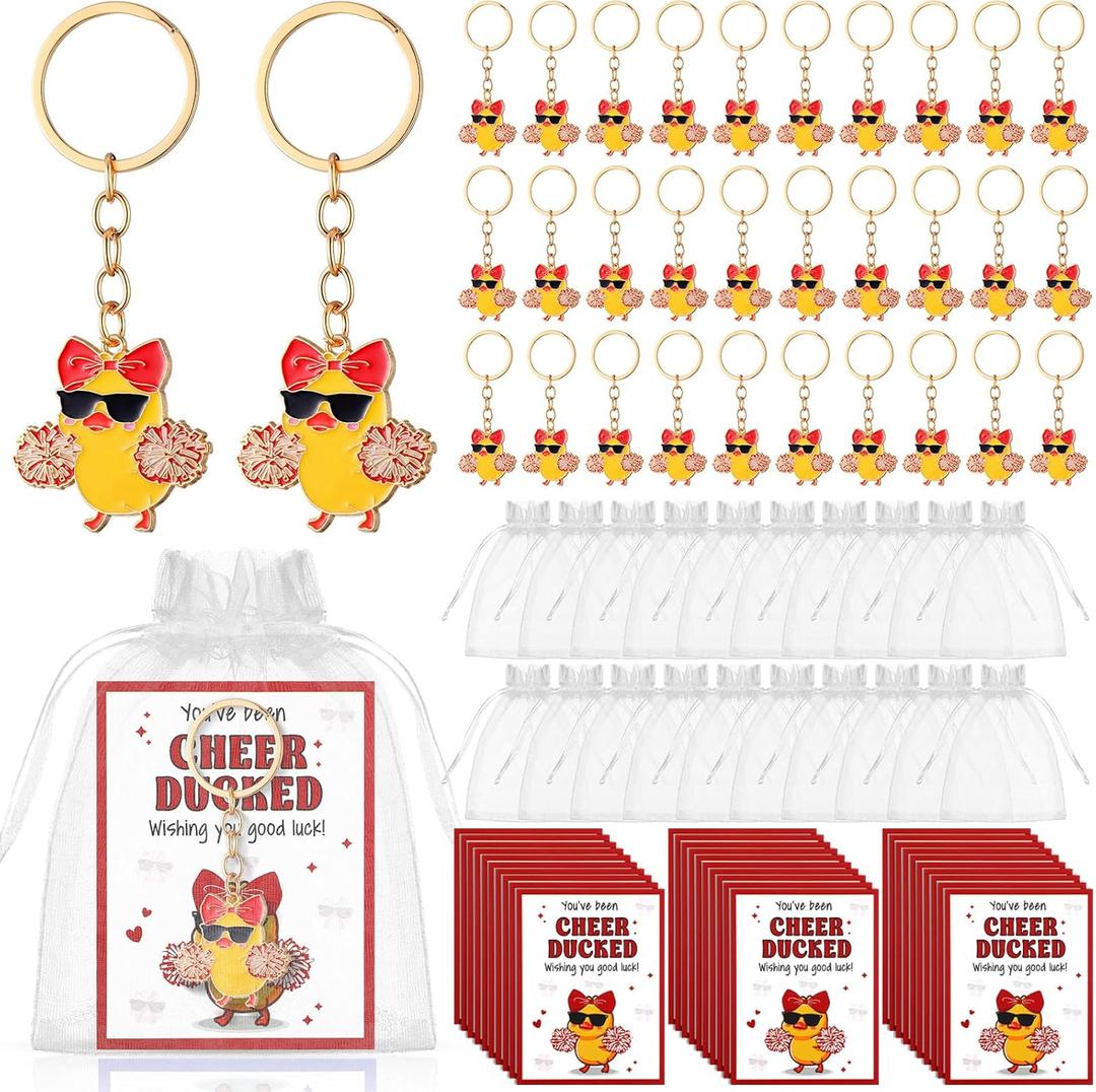 Kigeli 30 Set Cheer Duck Keychains Gift Bulk Cheerleading Team Gifts with You've Been Cheer Ducked Cards Organza Bags
