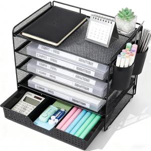 Desk Organizer and Accessories, 5-Tier Paper Letter Tray Organizer with Drawer & 2 Pen Holders for Desktop File Organization, Office Desk Accessories for Supplies Storage (Black)