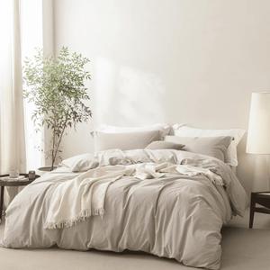 Linen Feel Cream Grey Duvet Cover Super Queen Size 98'' L x 90'' W, Percale 100% Washed Cotton Duver Cover with Zipper Closure Plus 2 Pillowcases, Oeko TEX Standard Certificated