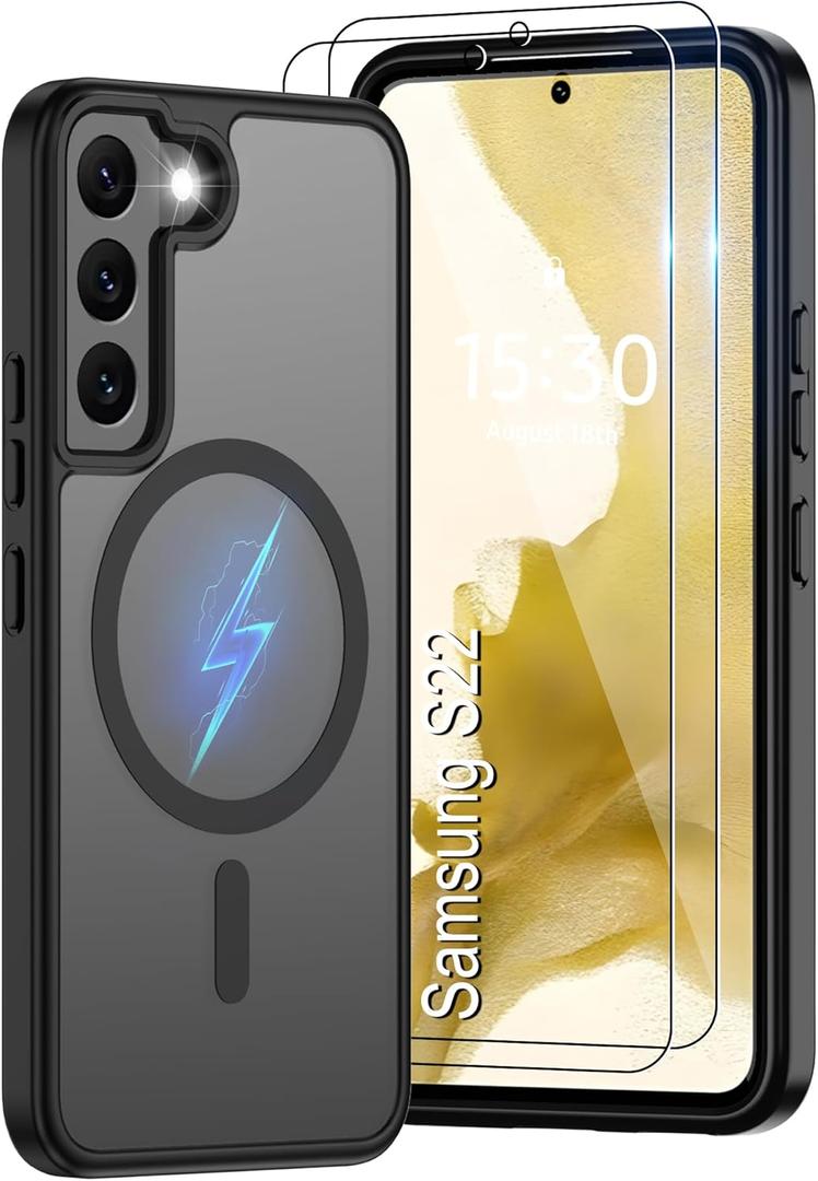 for Samsung Galaxy S22 Case [Compatible with Magsafe] Translucent Matte Magnetic Phone Case,Slim Thin Duty Shockproof Protection Cover with 2pc HD Screen Protector-Black