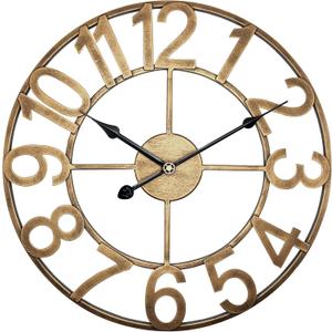 Indoor Outdoor Large Wall Clock，Silent Analog Battery Operated 24 Inch Metal Wall Clock for Patio, Porch, Pool Area, Kitchen, Living Room, Farmhouse Decor - Vintage Gold