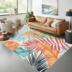 GarveeHome 5x7 Colorful Leaves Area Rug Washable Non Slip Floor Carpet Non Shedding Thin Rug Soft Low Pile Rug, Modern Tropical Leaf Rug, Artistic Botanical Rug for Living Room Dining Room, Colorful