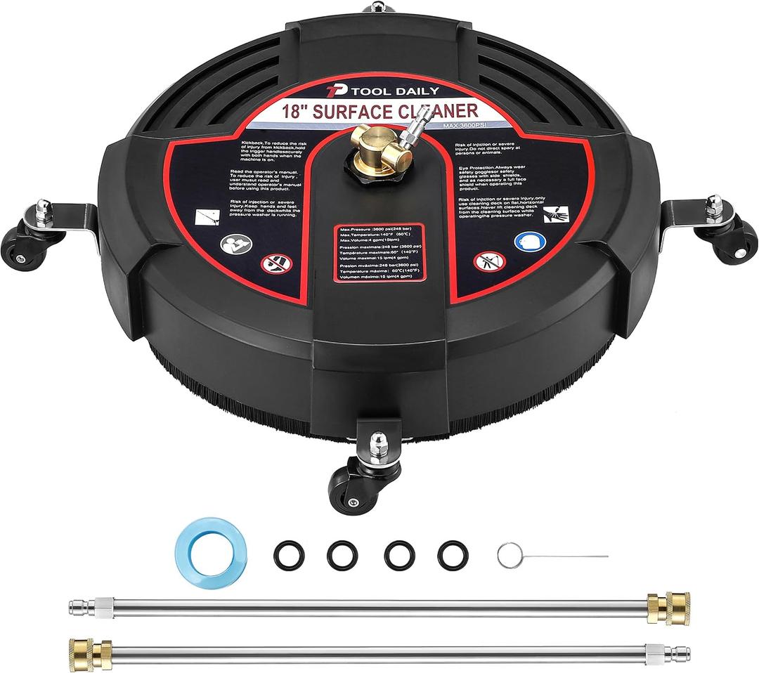 Tool Daily 18 Surface Cleaner for Pressure Washer with 4 Wheels, 2 Extension Wands, Power Washer Surface Cleaner for Driveway, Sidewalk, Concrete, Patio Cleaning, 3600 PSI