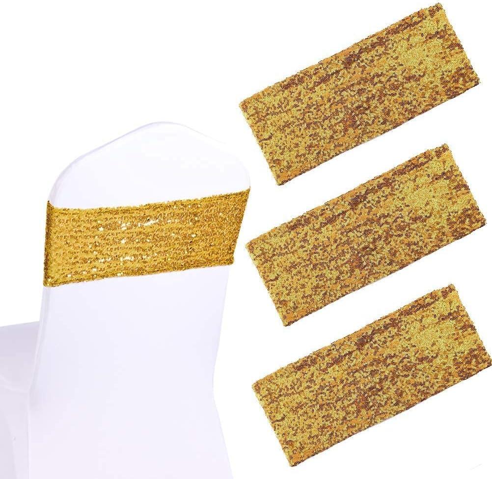 50 Pack Stretch Sequin Chair Sashes Gold Stretch Chair Bands Sparkling Chair Cover Decorations for Wedding Banquet Party Party Chair Cover Decorations, 5.9"x13.78"
