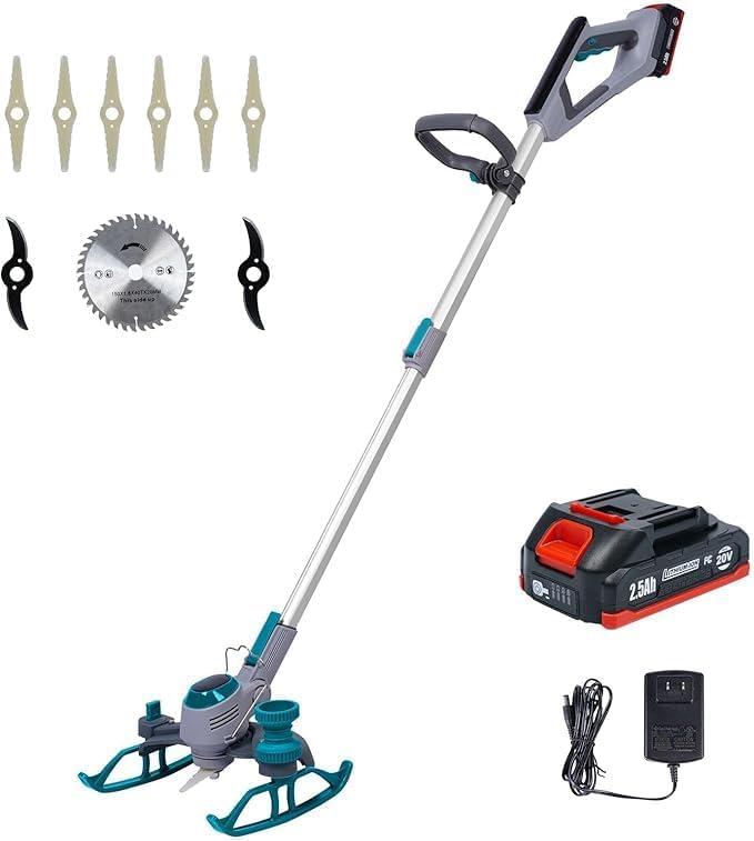Stringless Battery Powerd Weed Wacker & Lawn Edger & Brush Cutter, 20V 2.5 Amp Li-ion Battery, 3 Types Blades (Saw Blades & Metal Blades & Plastic Blades), Cordless 5.2 Pounds