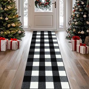FONEYI Buffalo Plaid Rug 20 x 59 Inches, Non Slip Black and White Check Rugs Indoor or Outdoor Rugs for Layered Door Mats, Washable Fall Front Door Mat for Front Porch, Kitchen, Farmhouse, Entryway (1'8" x 4'11" (Runner))
