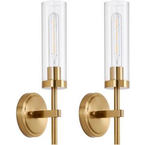 Hardwired Gold Wall Sconces Set of 2, Modern Bathroom Sconces Wall Lighting Vanity Light Fixtures with Clear Glass, Brushed Brass Wall Decor Lights for Mirror Living Room Bedroom Hallway Stairwell