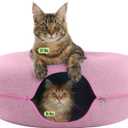 Cattasaurus Peekaboo Cat Cave Donut for Multiple & Large Cats up to 30-45 lbs, 3-in-1 Self Warming Cat Bed, Tunnel & Scratcher for Indoor Cats, Washable & Detachable Small Dog Bed (Pink, Jumbo)