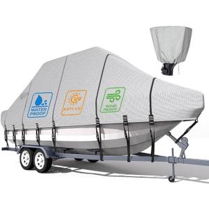 5-ply 1200D 100% Waterproof T-Top Boat Cover Solution Dyed Fade-Proof Trailerable Hard Top Boat Cover with 21 Windproof Straps, Motor Cover (Gray, 19'-21 Long, Beam Width Up to 106")