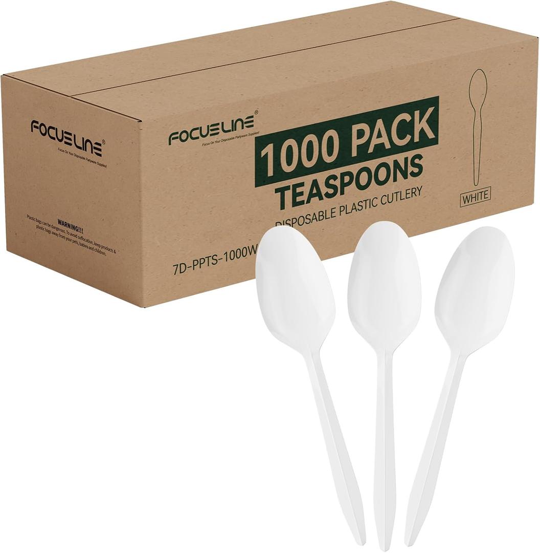 FOCUSLINE 1000 Pack Plastic Teaspoons White, Disposable Spoons Bulk, Heat Resistant Disposable Spoons for Take out Restaurants, Family Gatherings, Outdoor Activities
