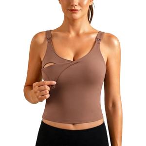 Ecavus Nursing Bras for Breastfeeding Longline Sports Maternity V Neck Buttery Soft Crop Tank Top with Built in Bra, L